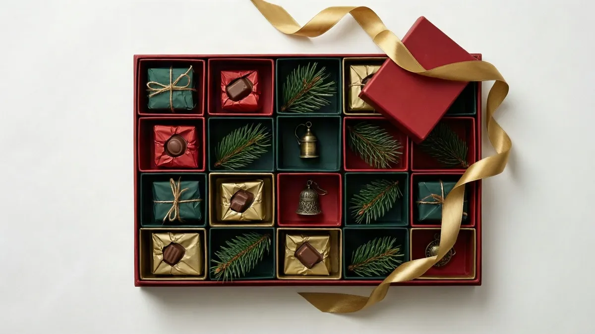An open box of small square compartments in red, green and gold seen from above, each holding a wrapped parcel, a chocolate, a fir sprig or a small brass ornament, with gold ribbon curling across the corner